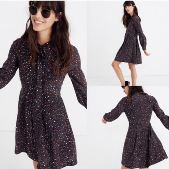 Madewell Dresses & Skirts - Madewell Balsam Tie-Neck Dress Womens 0 Black Blue White in Starry Night